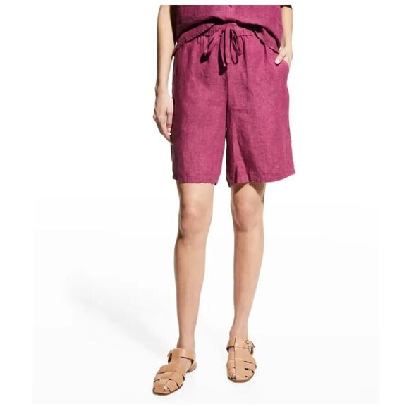 Eileen Fisher Organic Linen Drawstring Mid-Thigh  Shorts In Berry XL Pockets - Picture 2 of 10